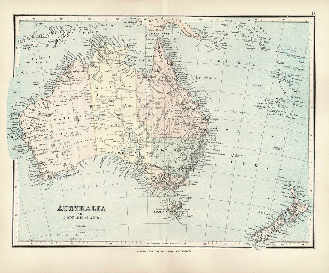Australia and New Zealand, Antique Map, 1886