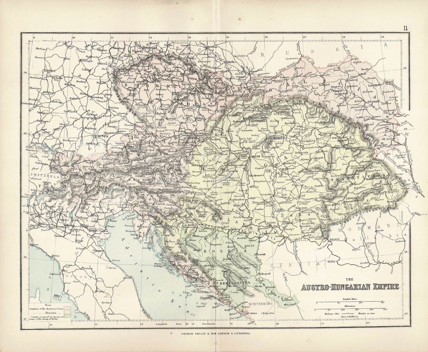 Austro-Hungarian Empire, Antique Map, 1886