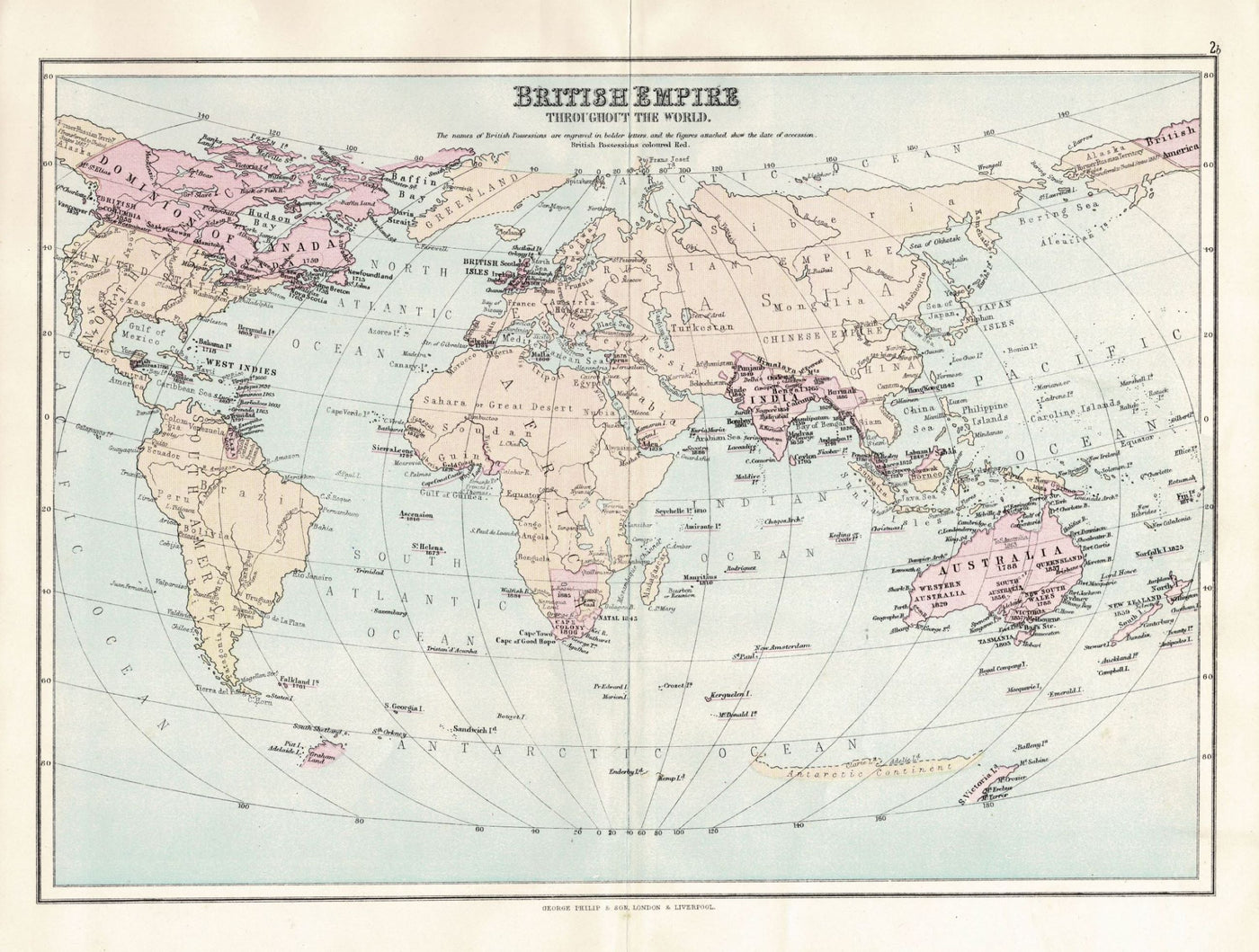 British Empire throughout the World antique map, 1891