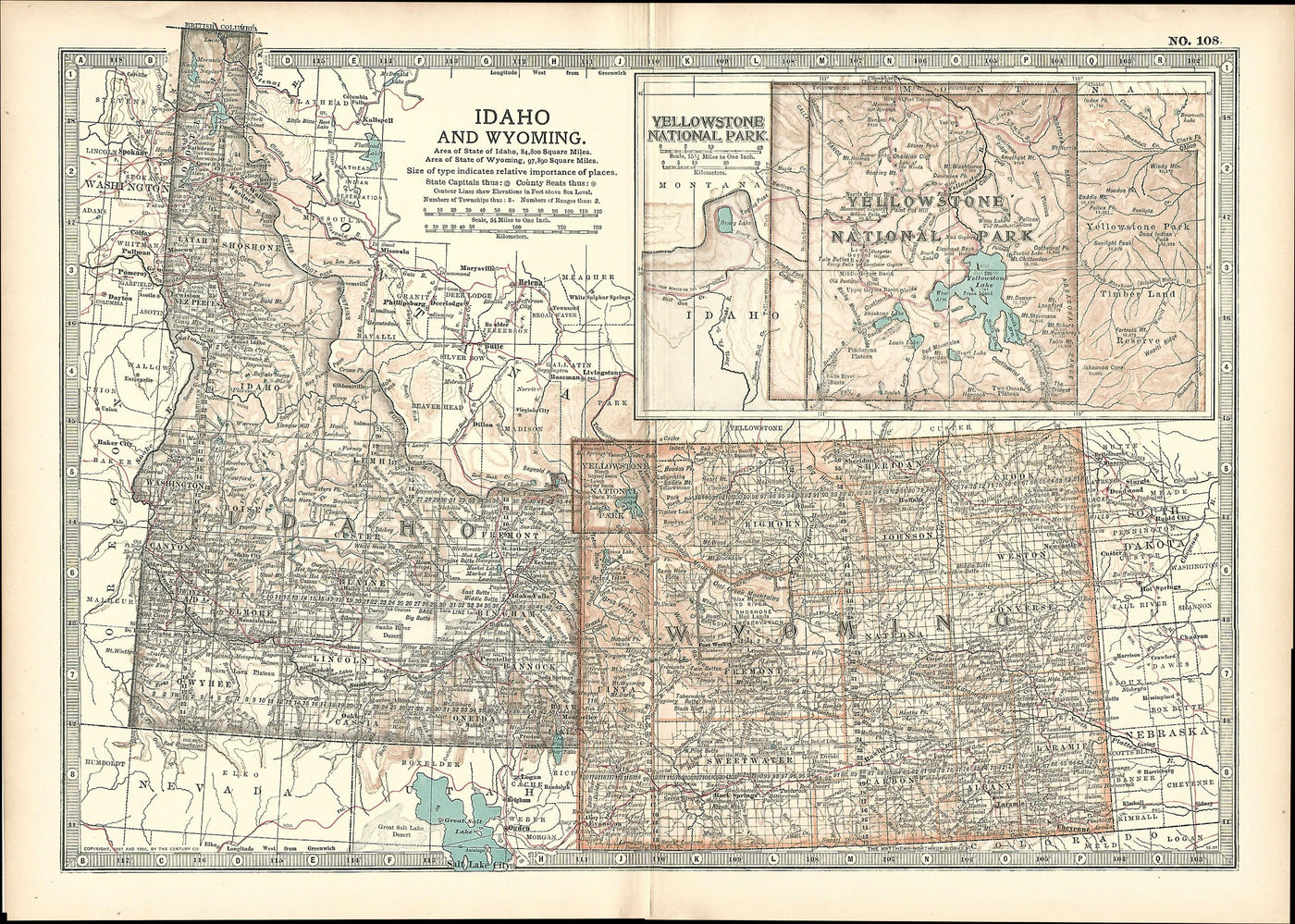 Idaho & Wyoming antique map Encyclopaedia Britannica 1903