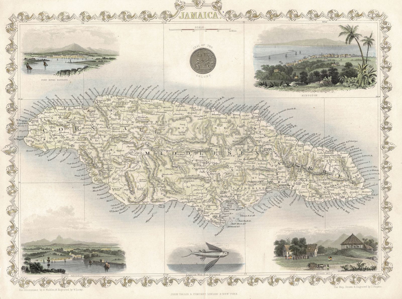 Jamaica original antique map by John Tallis published in 1851