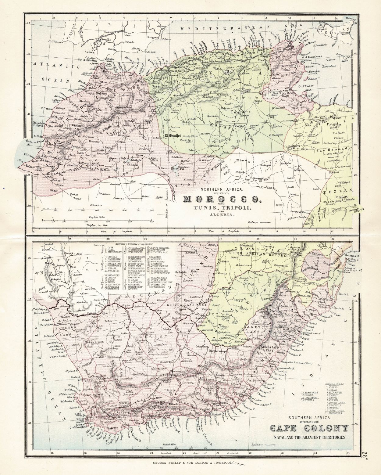 Morocco and Cape Colony antique map 1891