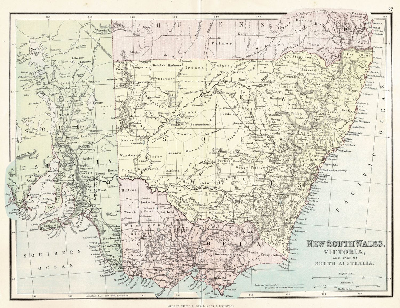 New South Wales and Victoria Australia antique map 1891