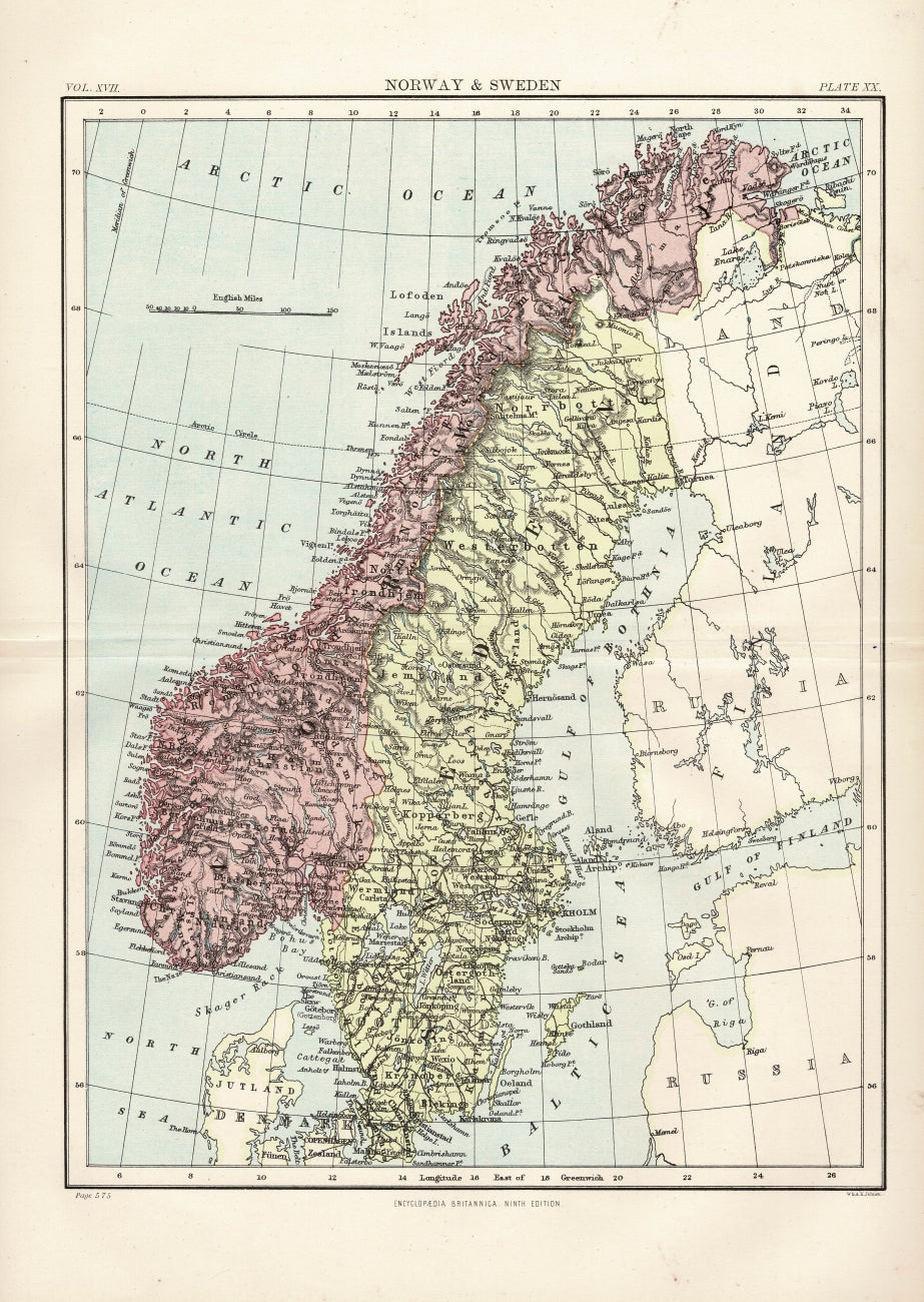 Norway & Sweden Encyclopaedia Britannica antique map 1889