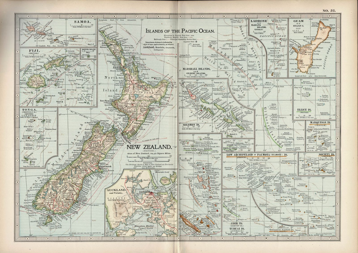 Pacific Ocean Islands & New Zealand antique map 1903