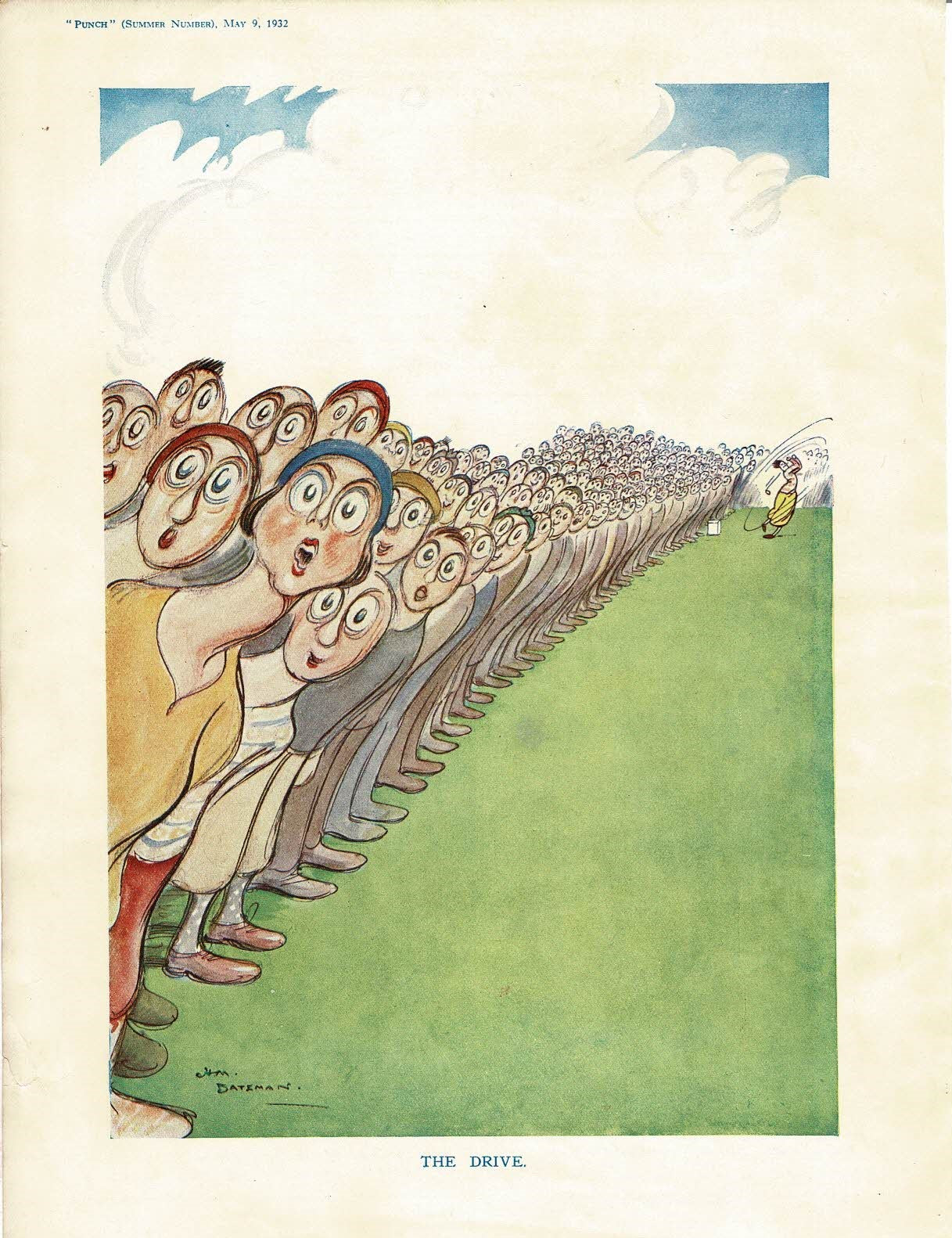 H M Bateman's golf cartoon "THE DRIVE" from Punch Magazine vintage print