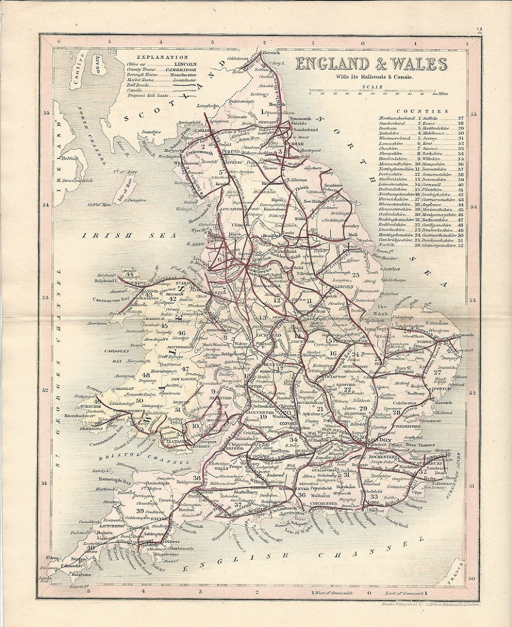 England & Wales Railways & Canals antique map 1845