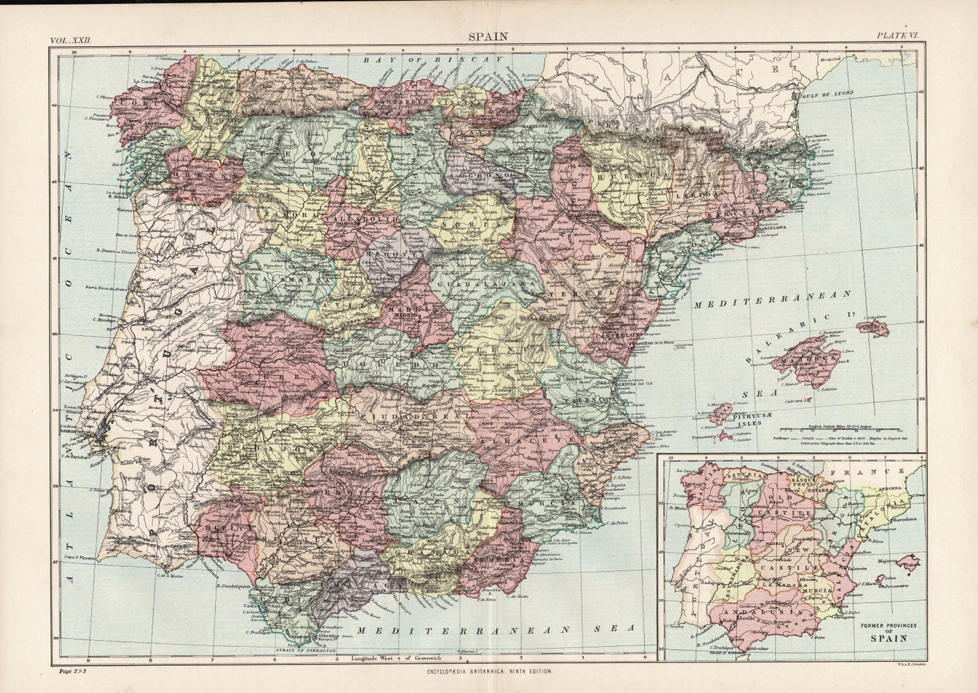 Spain antique map from Encyclopedia Britannica 1889