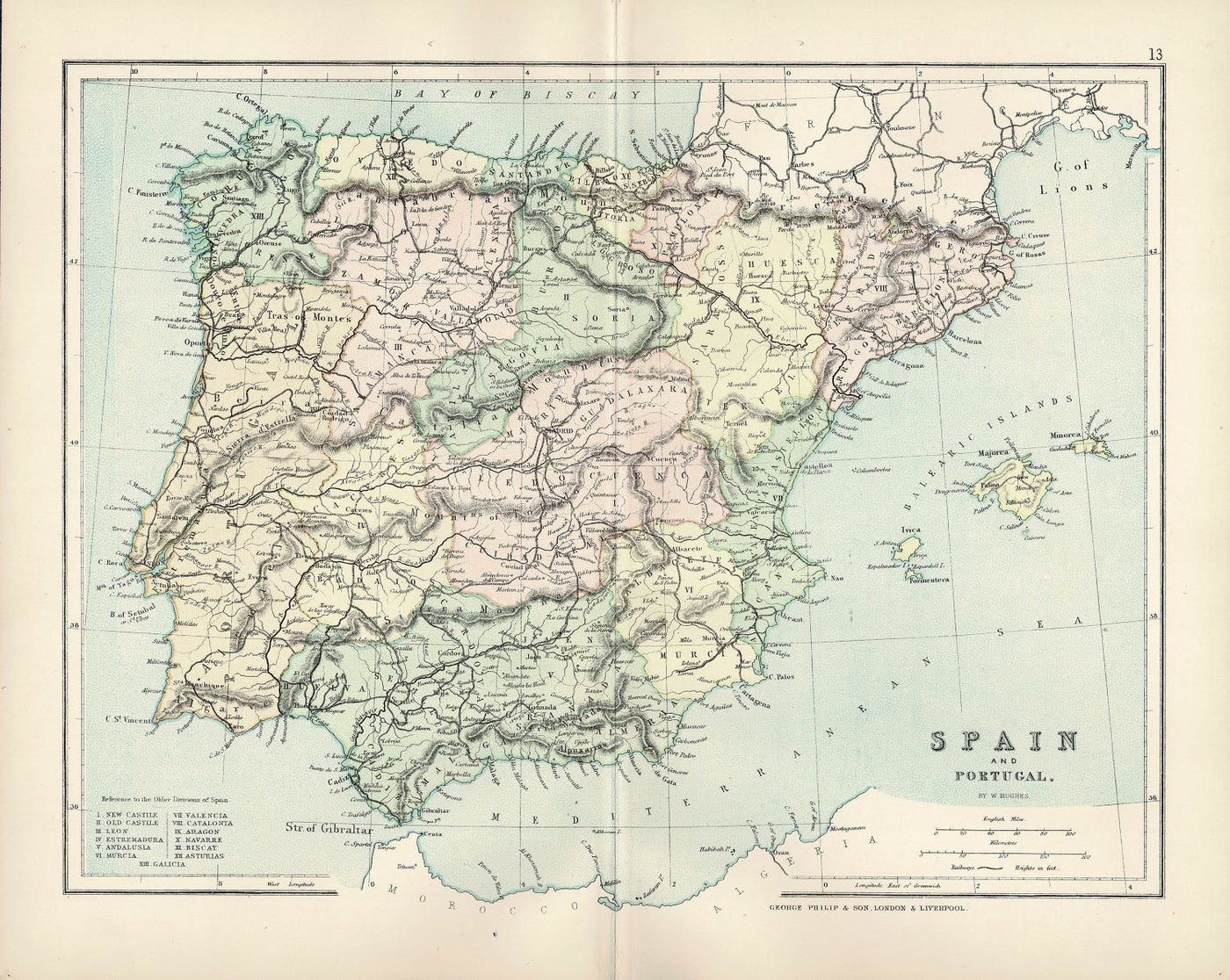 Spain, Antique Map, 1886