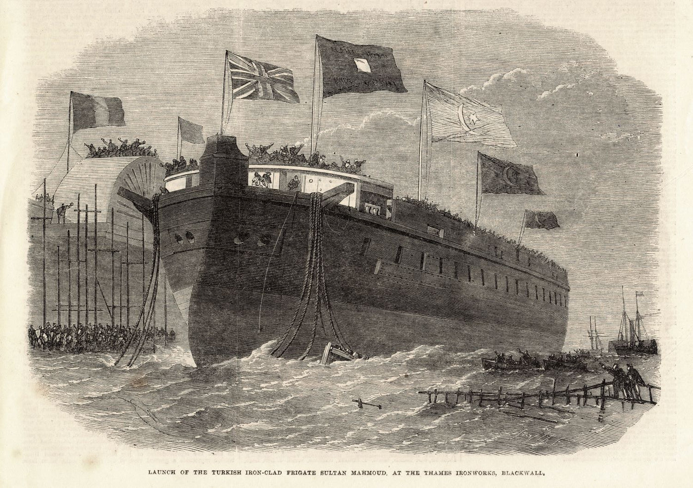 Sultan Mahmoud launch at Thames Ironworks antique print 1864