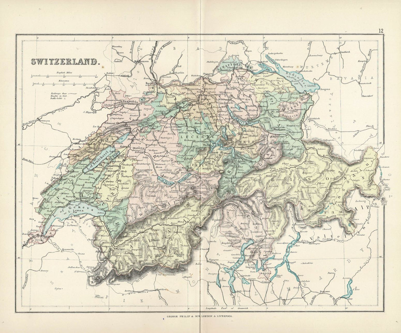 Switzerland, Antique Map, 1886