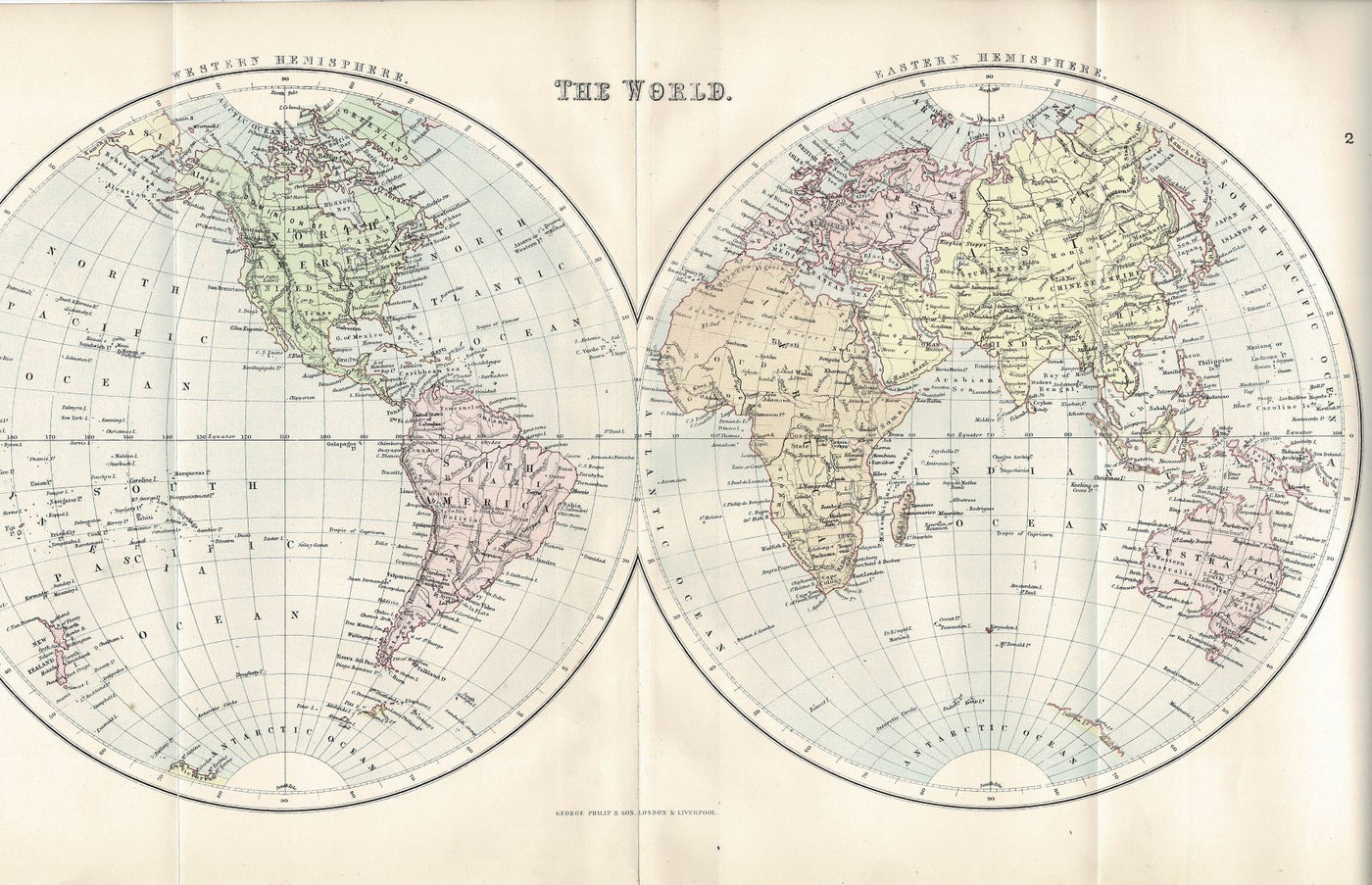 World double hemisphere antique map 1886