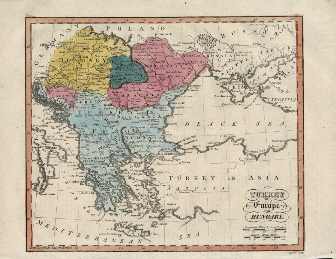 Turkey in Europe & Hungary antique map 1815