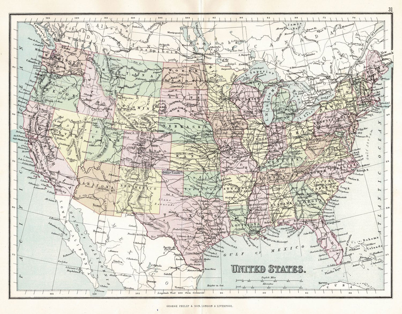 United States of America antique map 1891