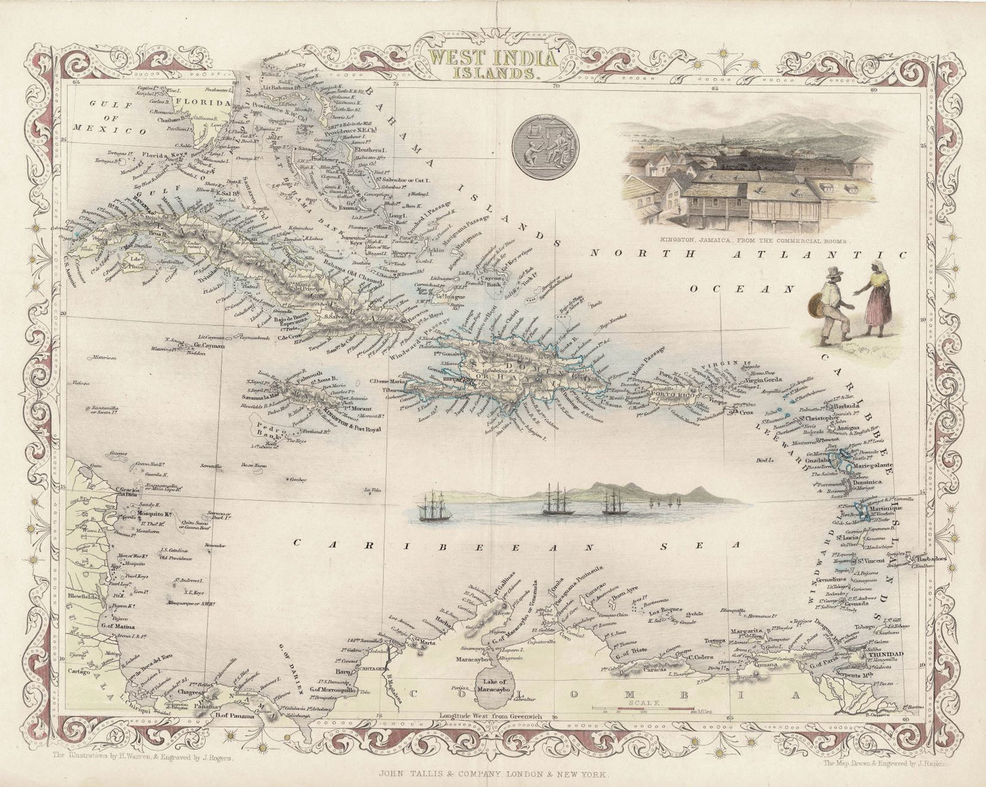 West India Islands original antique map published by John Tallis 1851