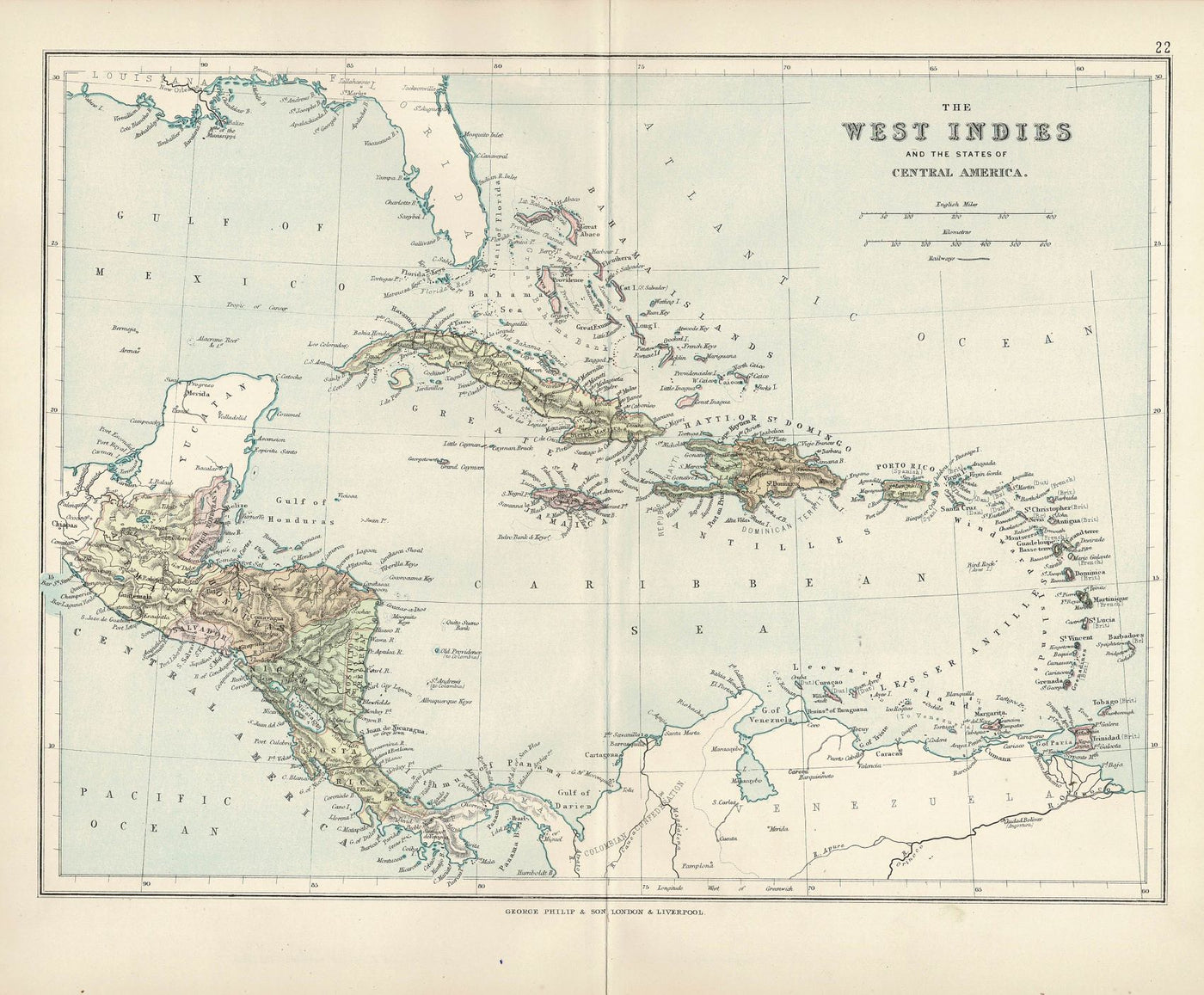 West Indies, Antique Map, 1886