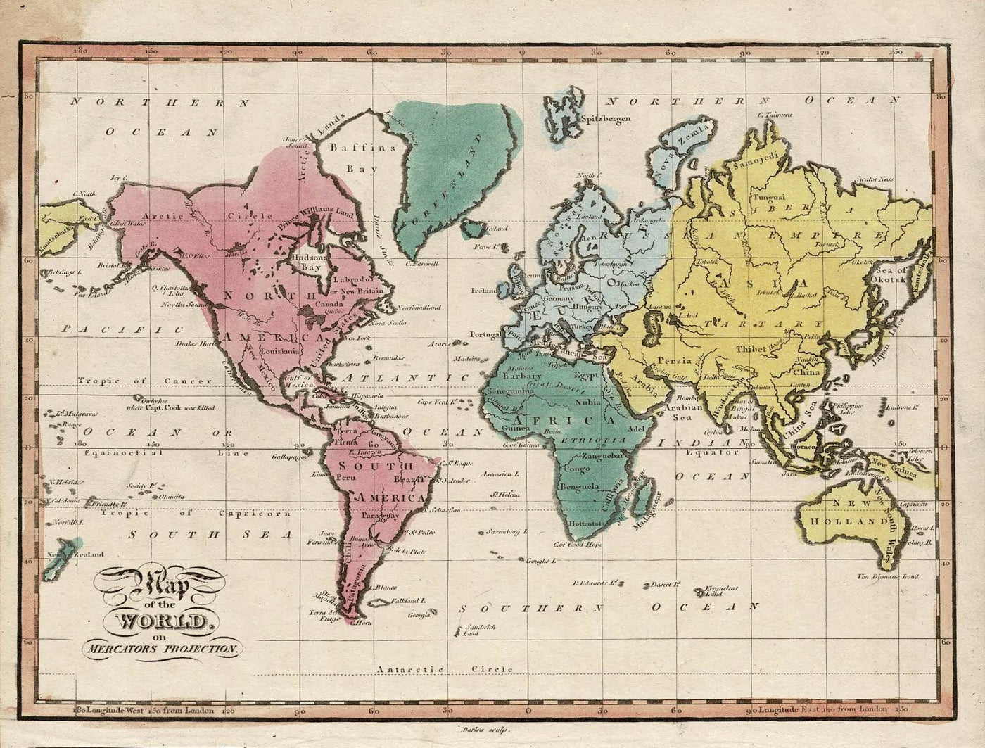 World on Mercator Projection antique map 1815