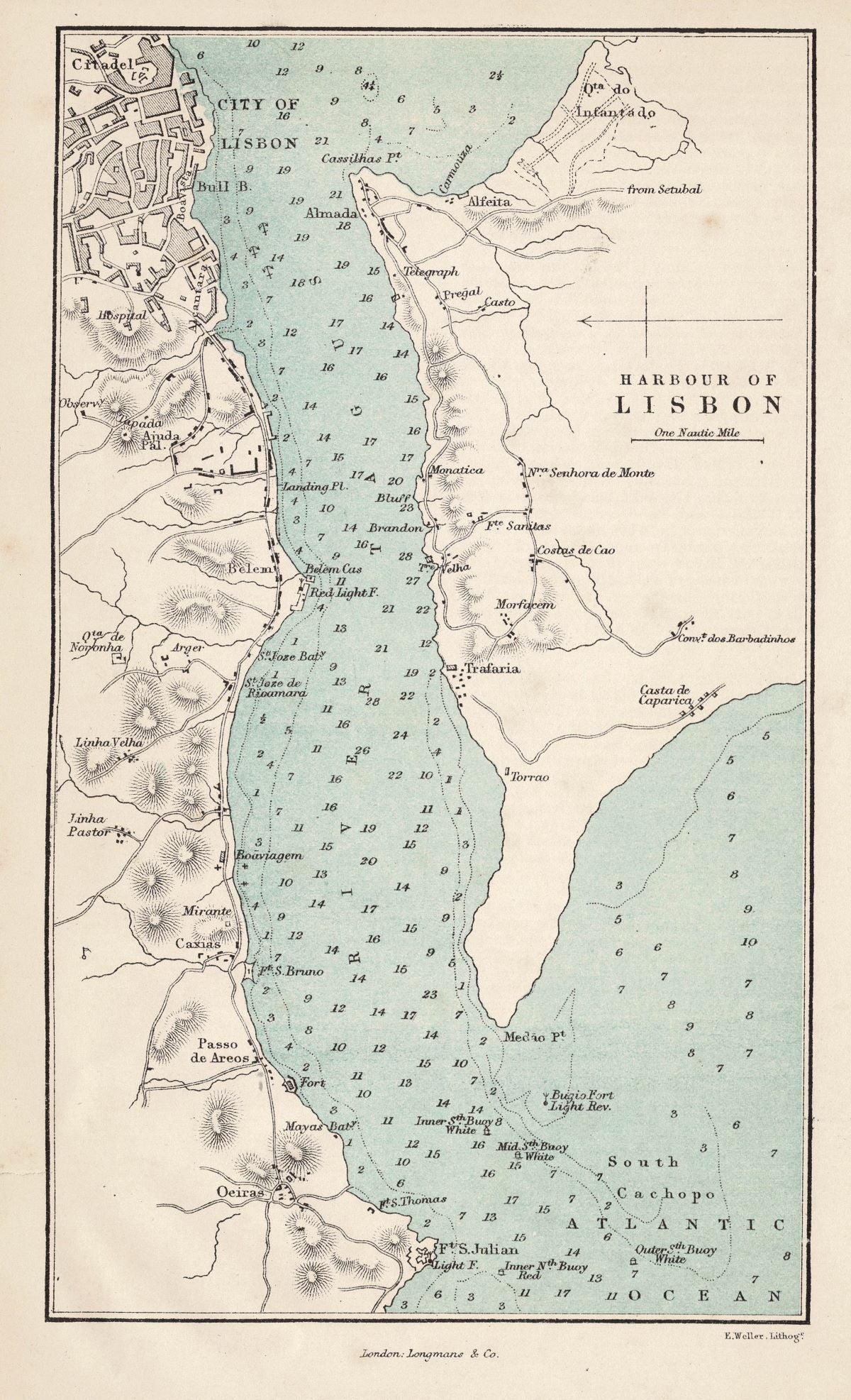 Lisbon Harbour Portugal guaranteed antique map published 1871
