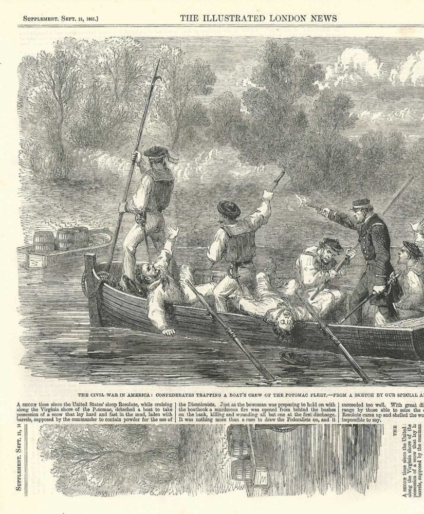 Confederate ambush of Federal boat of the Potomac fleet antique print 1861