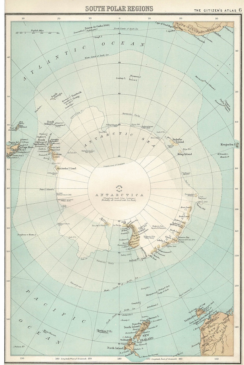Antarctica antique map published in 1898