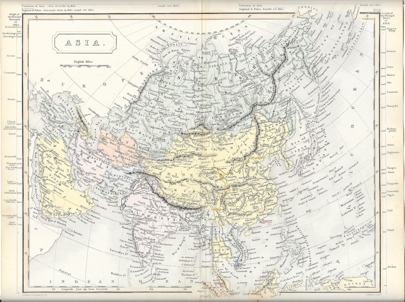 Asia original antique map published 1871
