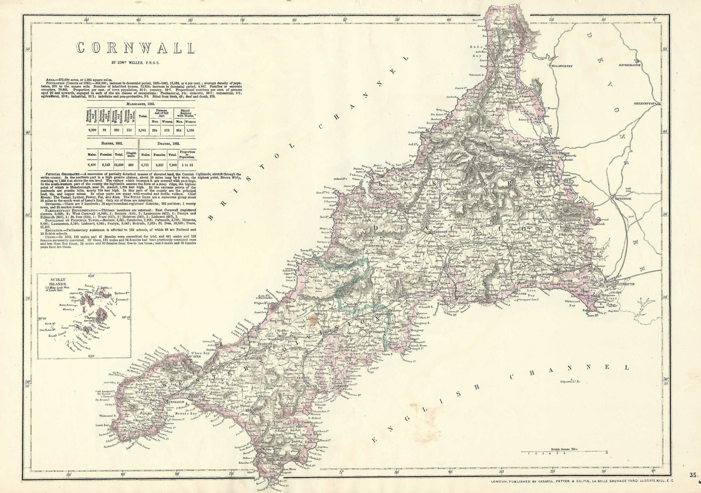 Cornwall antique map (Kernow) from Cassell’s County Atlas