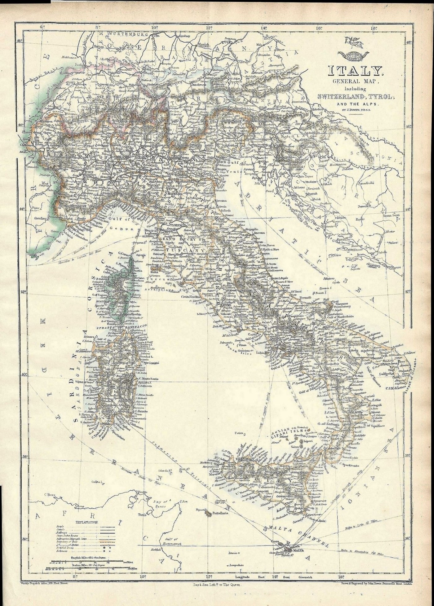 Italy antique map (Italia) Weekly Dispatch Atlas 1863