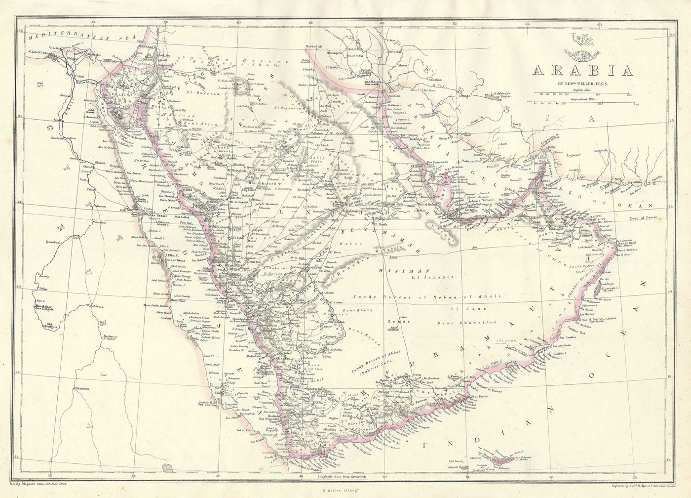 Arabia (Saudi Arabia) antique map published 1863
