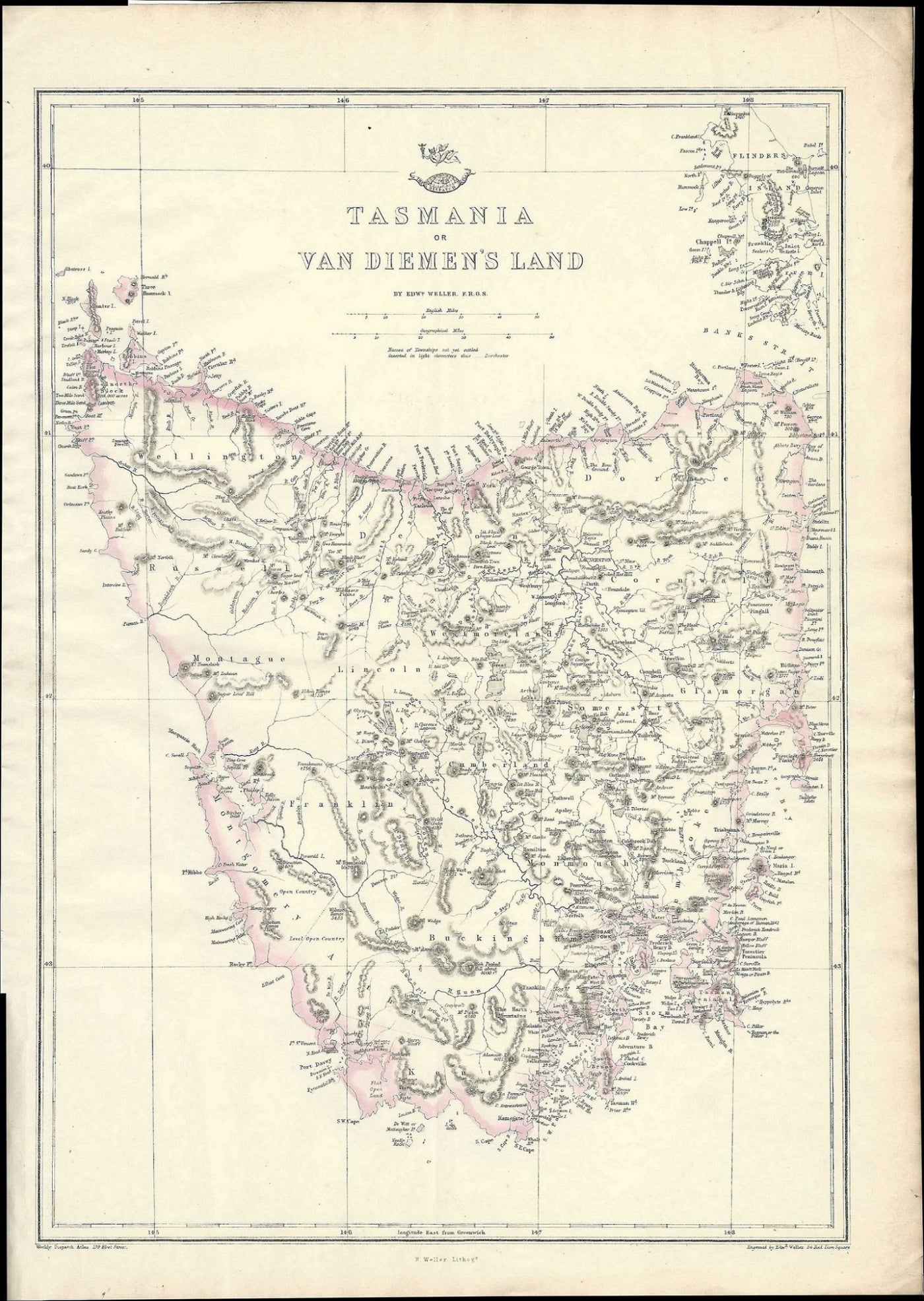 Tasmania antique map 1863 Van Diemen's Land