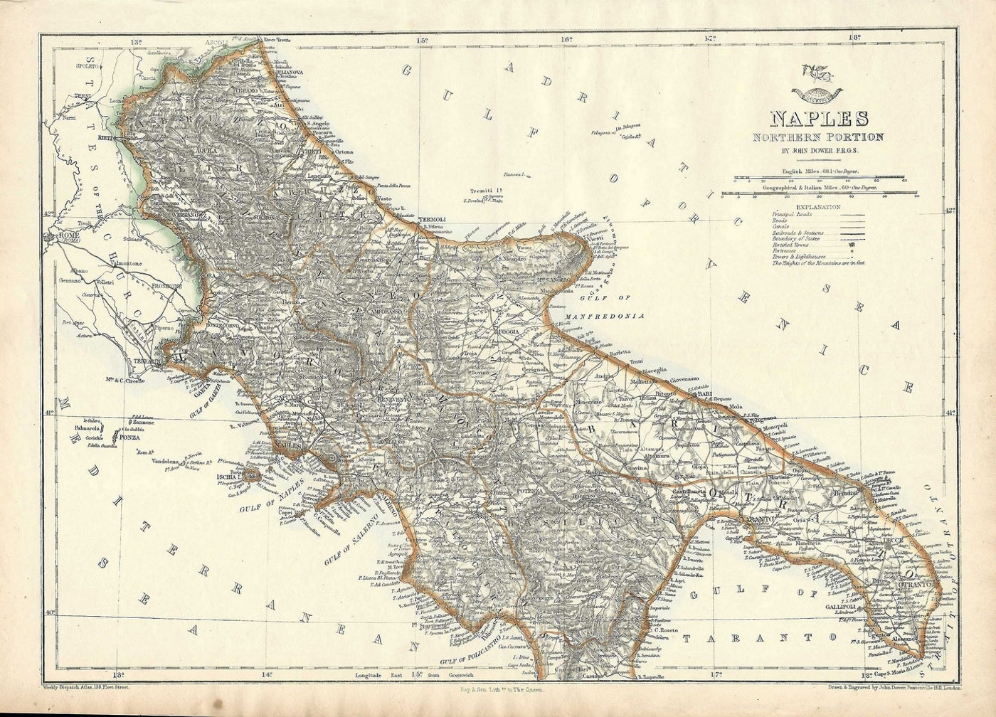 Naples antique map Weekly Dispatch Atlas published 1863