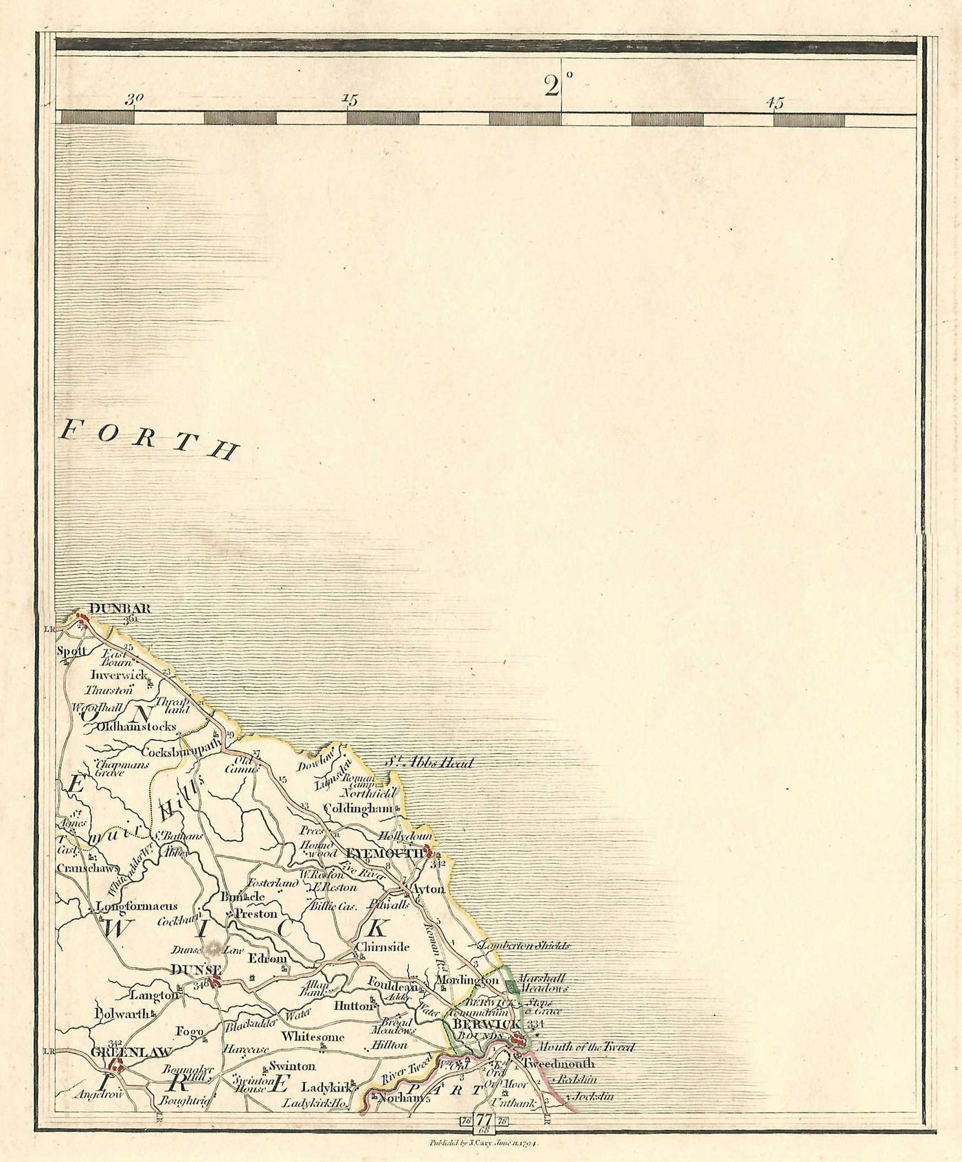 Dunbar Eyemouth Duns Greenlaw Scotland Berwick antique map 1794