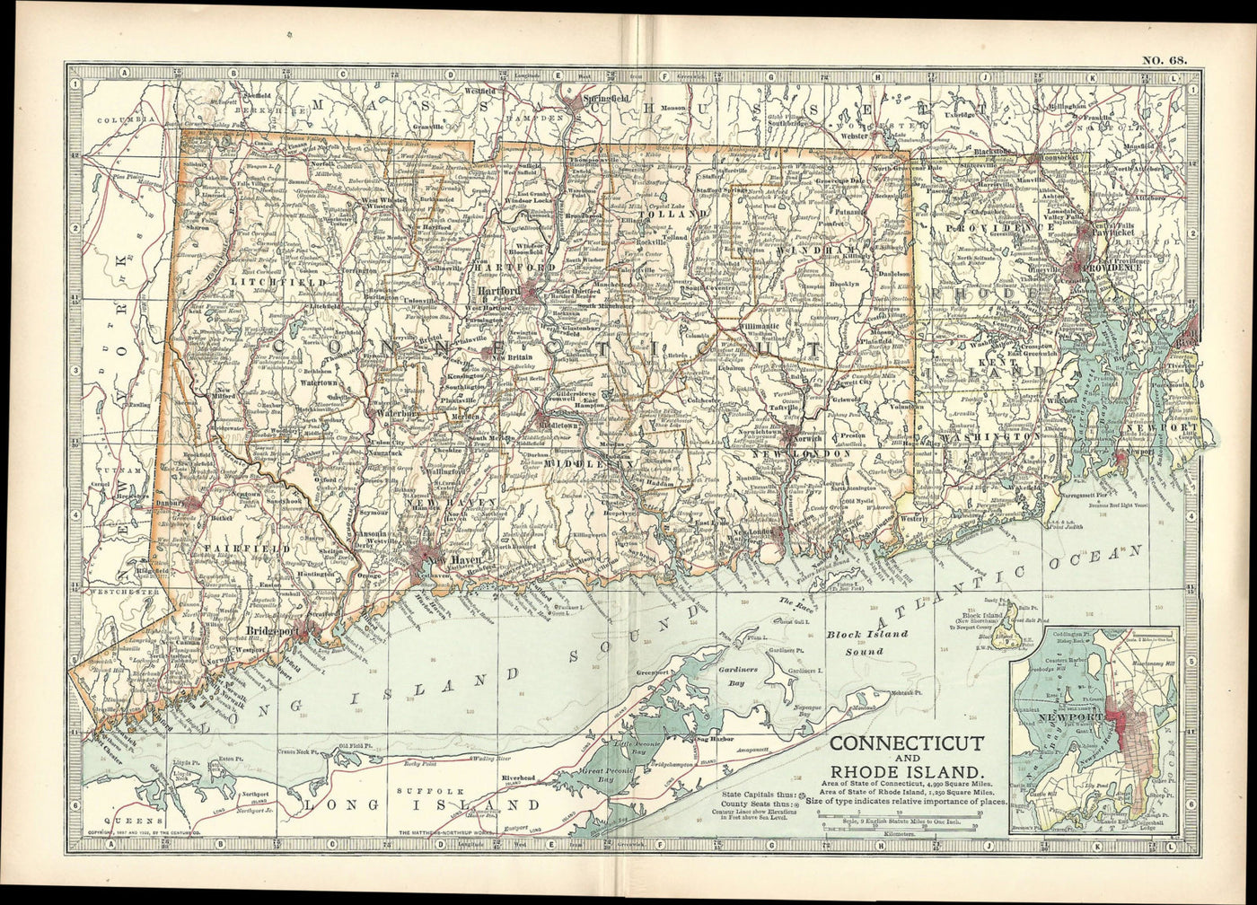 Connecticut & Rhode Island antique map Encyclopedia Britannica 1903