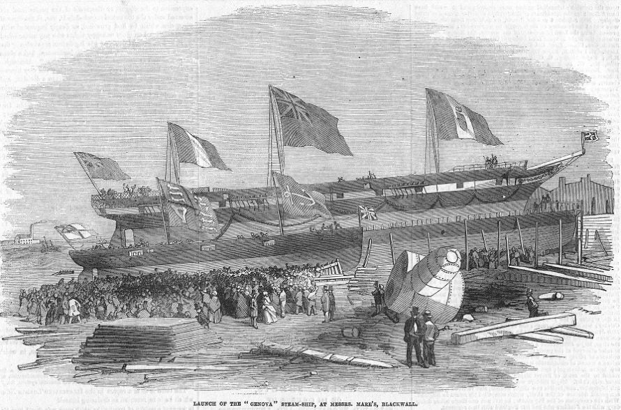 Genova steamship launched at Blackwall antique print 1856