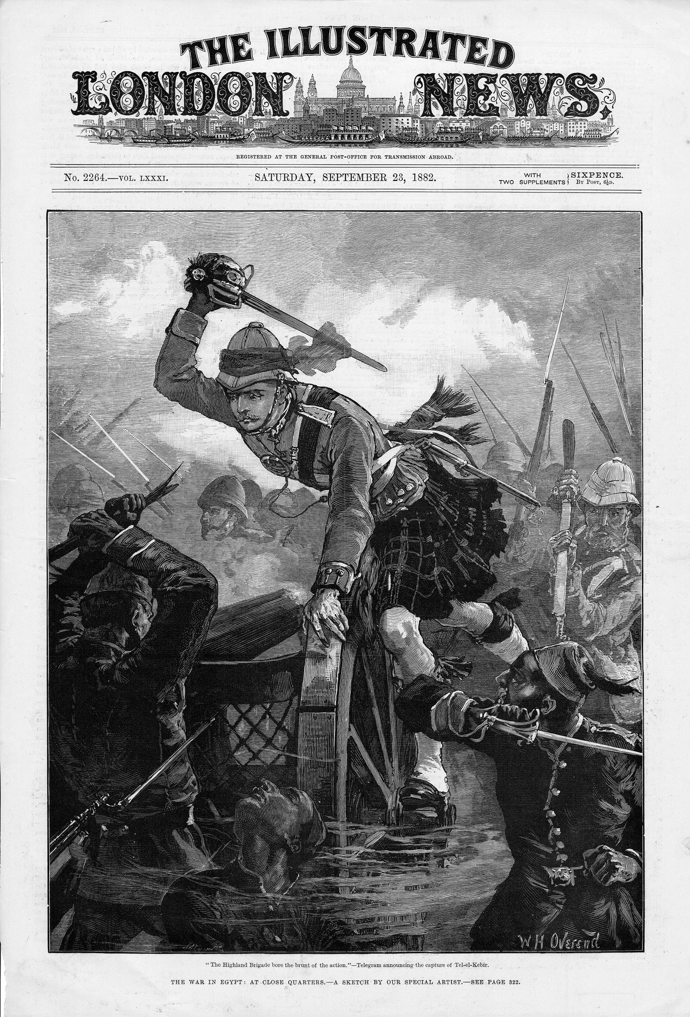 Highland Brigade at battle of Tel-el-Kebir antique print 1882