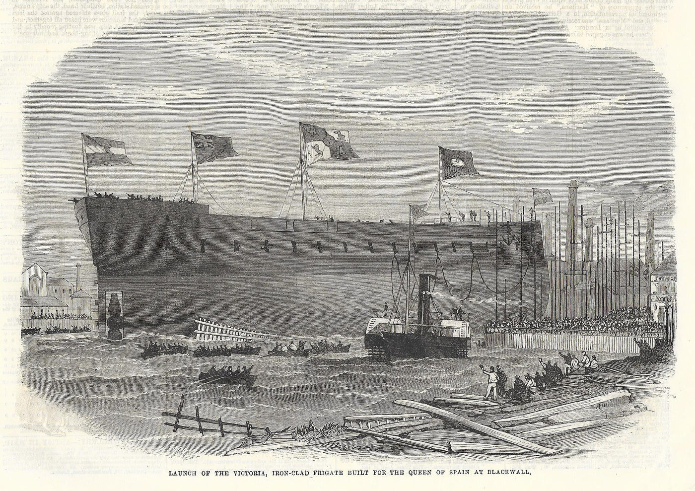 Blackwall launch of the frigate Victoria antique print 1865