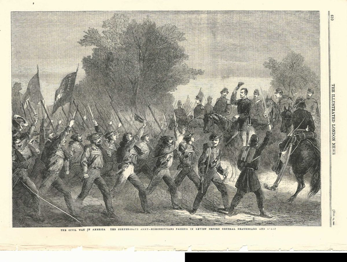 Mississippi Confederate soldiers salute General Beauregard during American Civil War