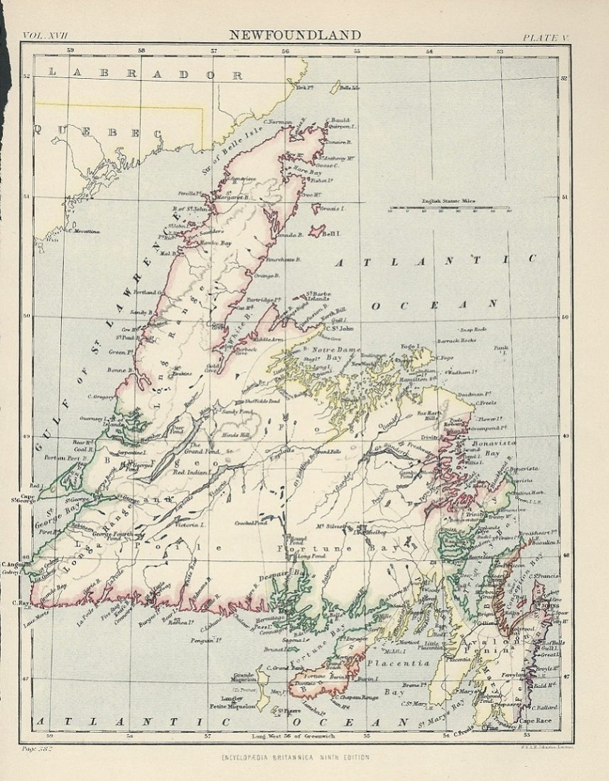 Newfoundland Canada Encyclopaedia Britannica antique map 1889