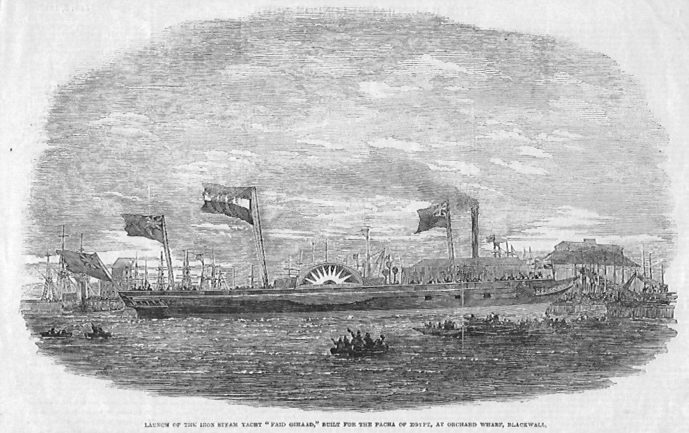 Orchard Wharf Blackwall launch of the Faid Gihaad antique print 1852