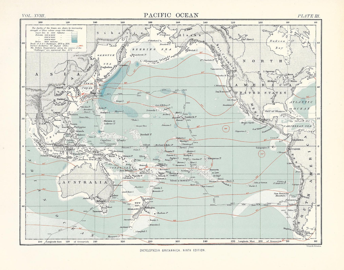 Pacific Ocean antique map from Encyclopaedia Britannica 1889