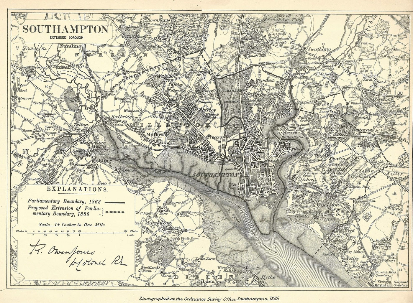 Southampton antique map Boundary Commission 1885