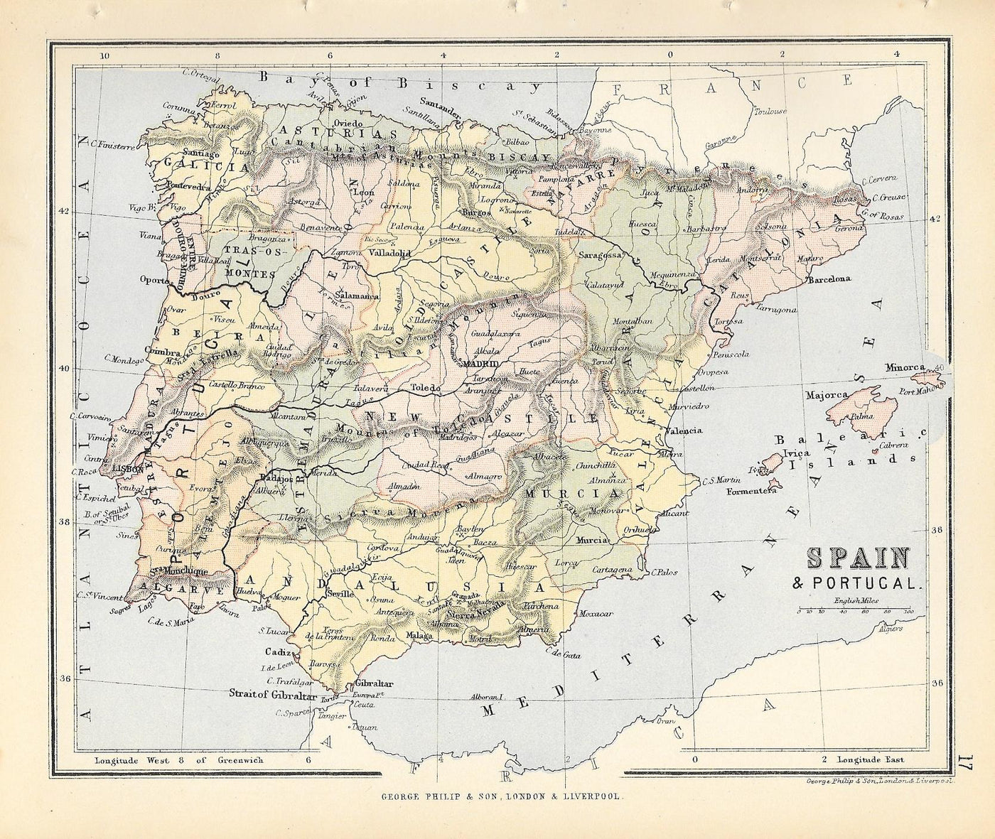 Spain Portugal antique map 1882