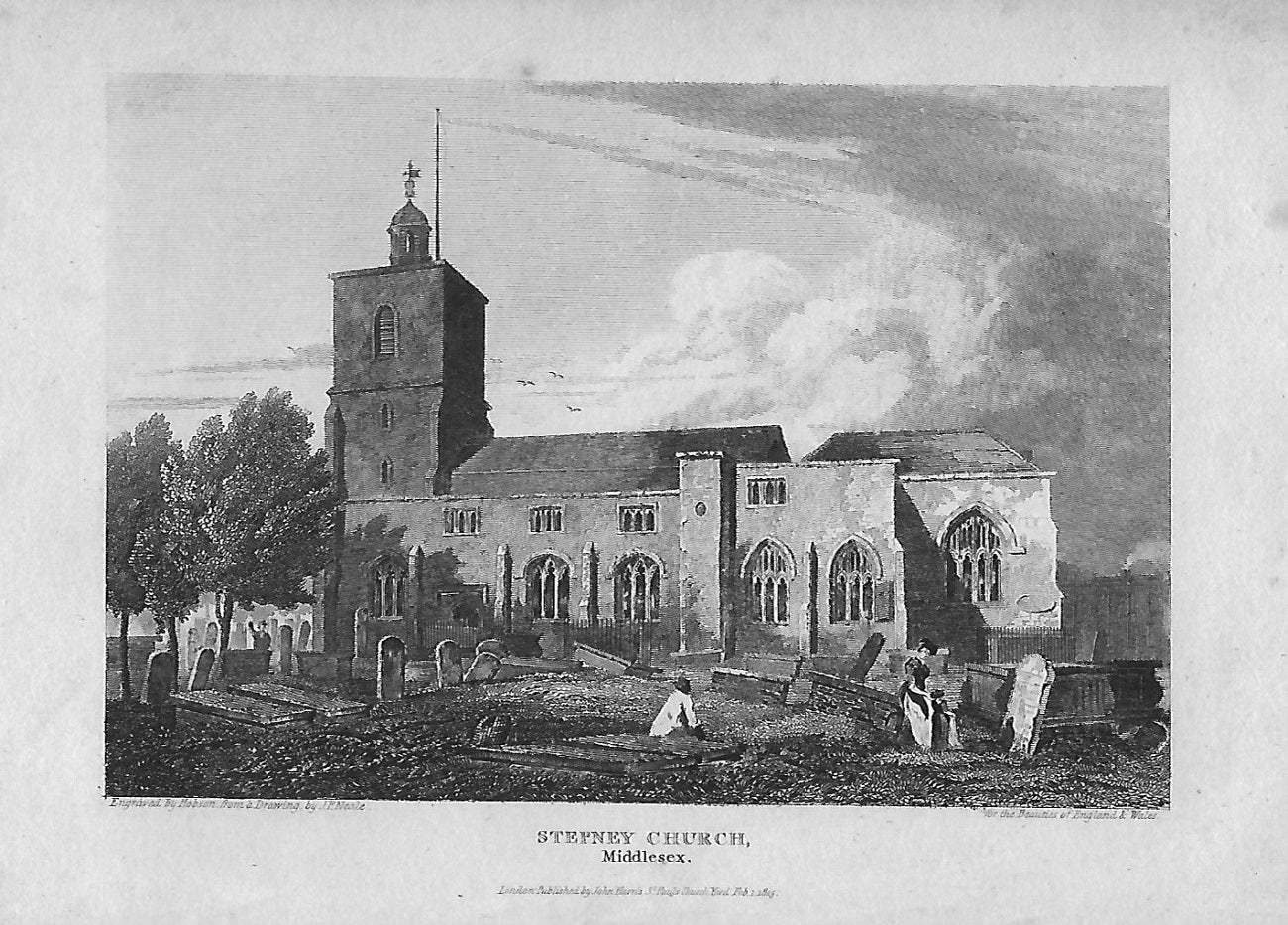 Stepney Church of St Dunstan's antique print 1815