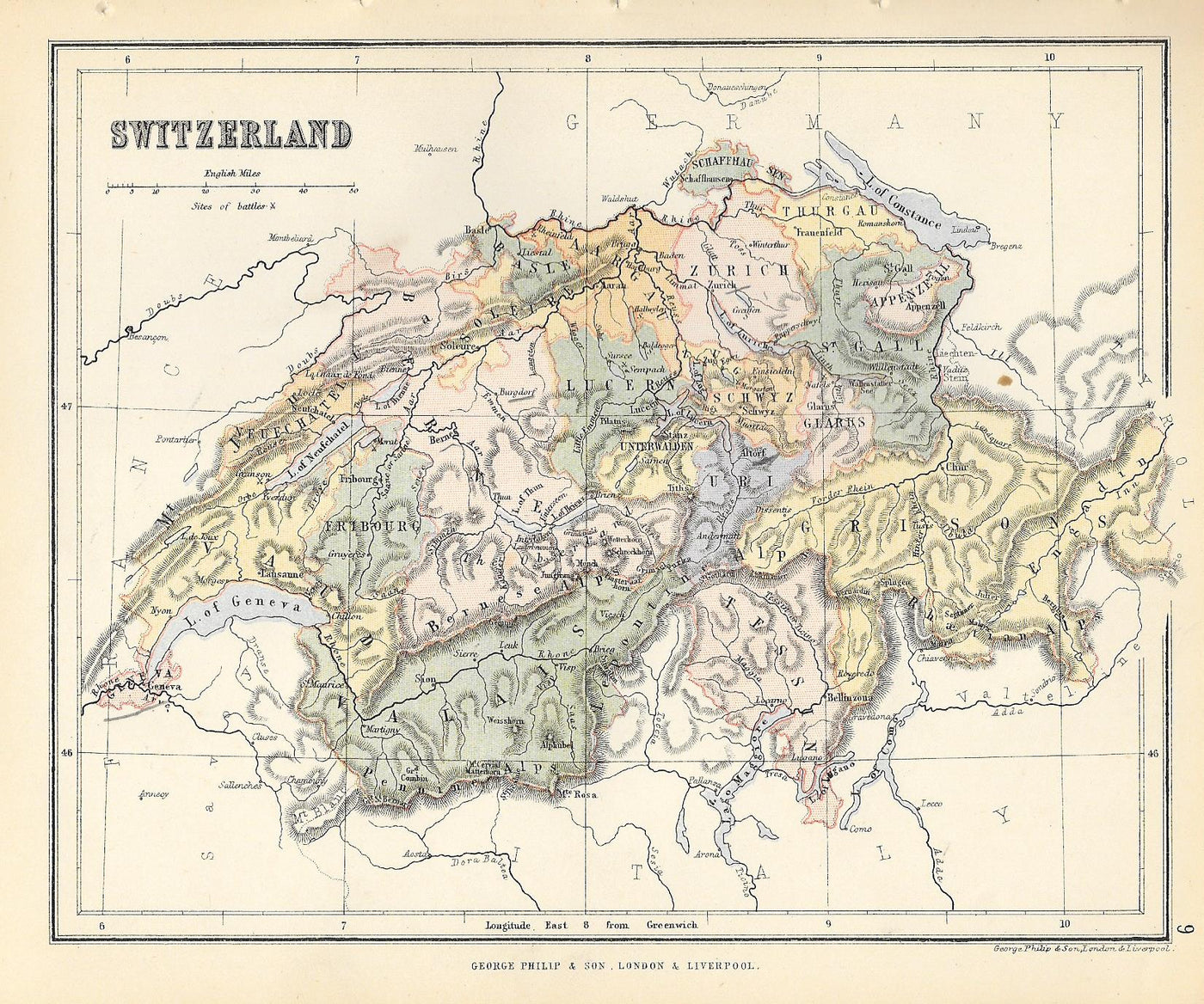 Switzerland antique map by George Philip & Son c.1882