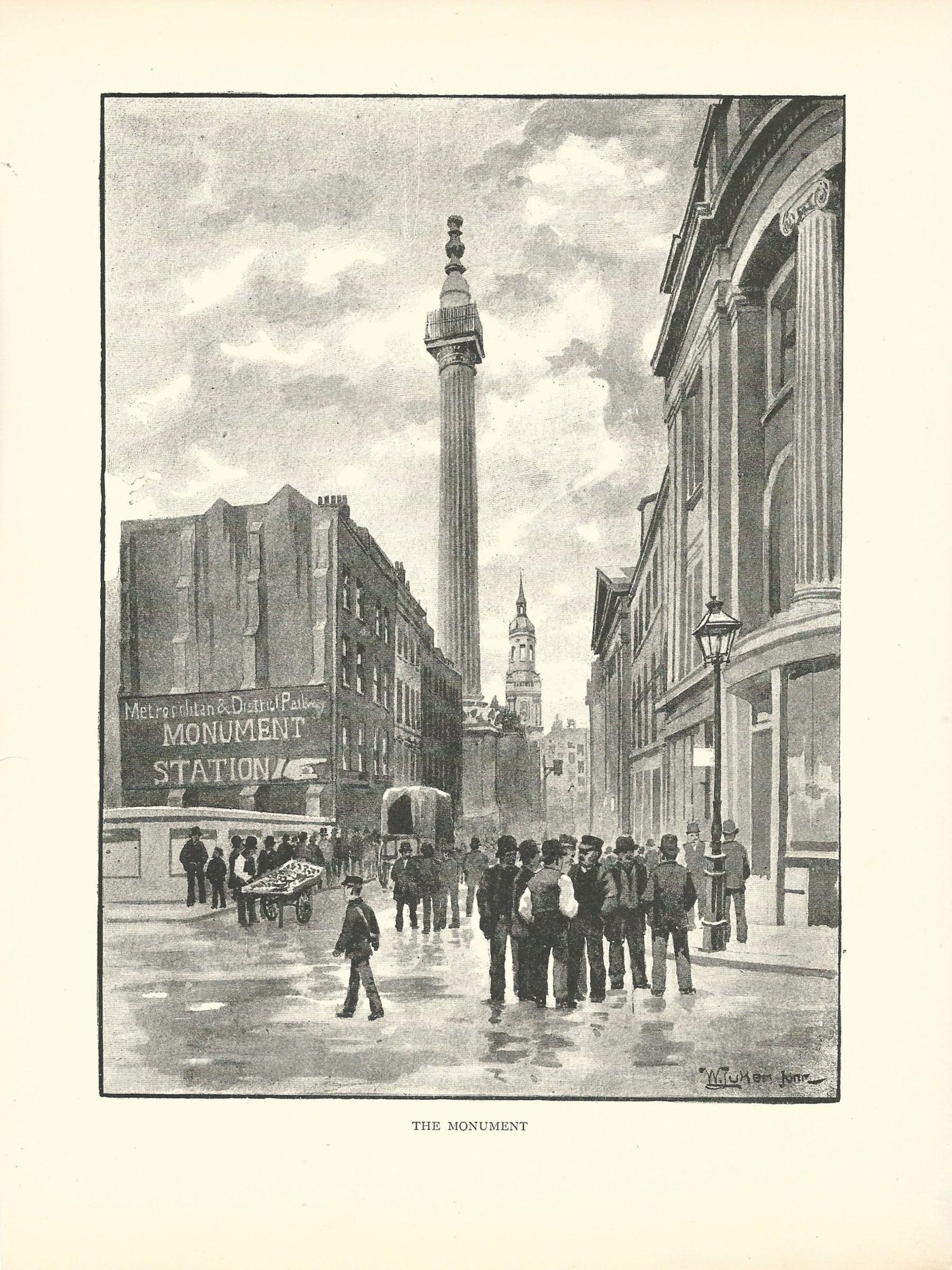 Monument Pudding Lane London antique print 1890