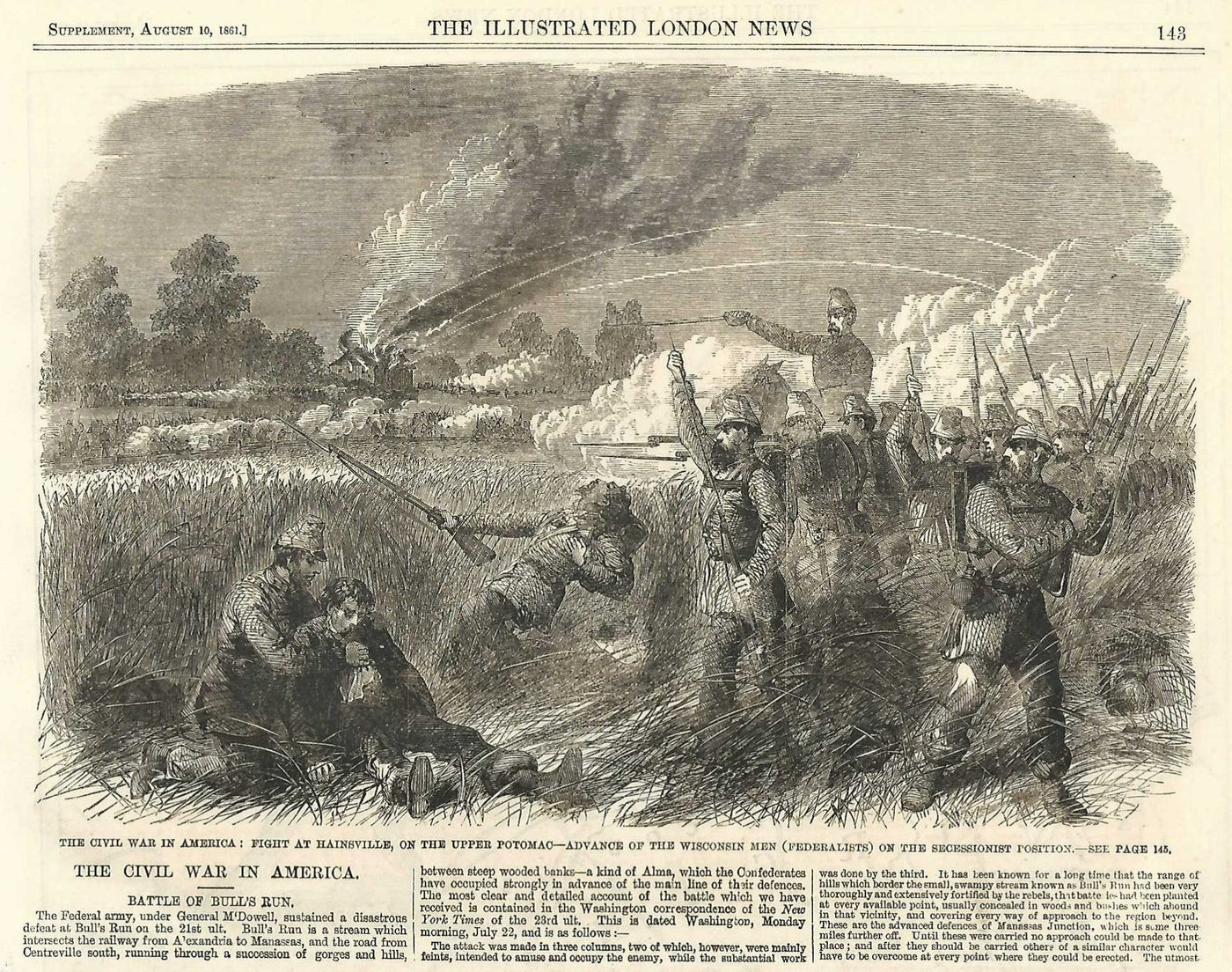 Bull Run Wisconsin Federal Troops attack Confederates antique print 1861