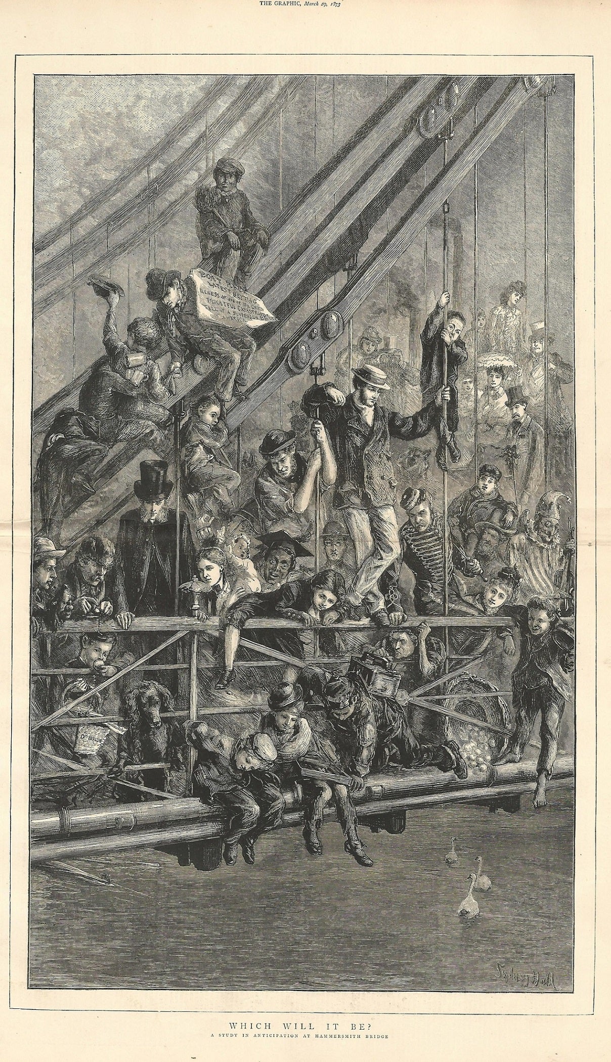 Hammersmith Bridge on Boat Race Day 1873 antique print