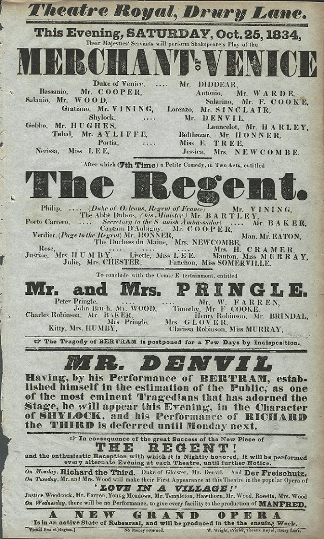 Theatre Royal Drury Lane antique front of house bill 1834