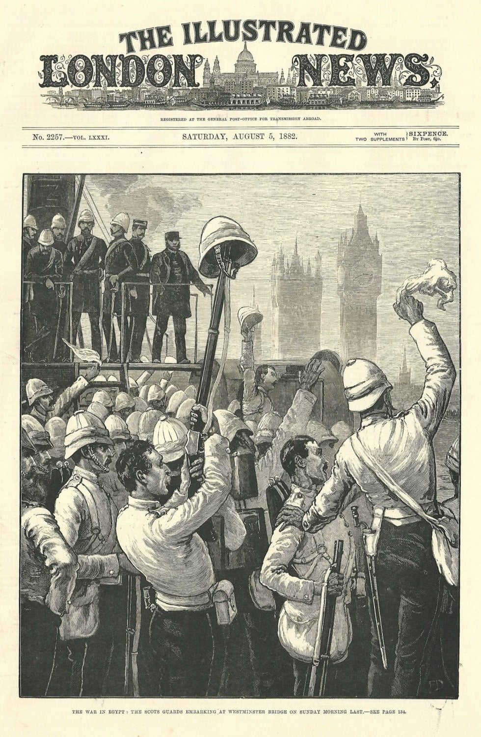 Scots Guards embark at Westminster Bridge for Egypt antique print 1882
