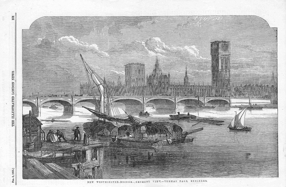 Westminster Bridge construction antique print 1855