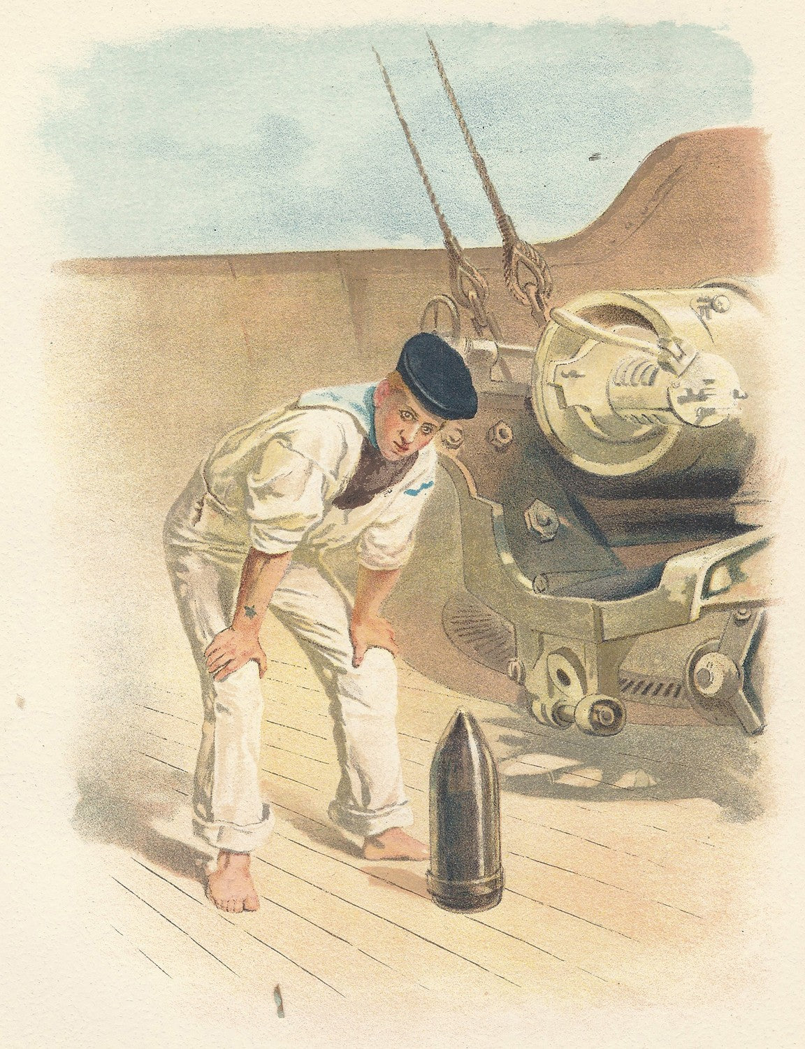 Sailor at a  Breechloading Gun Royal Navy antique print 1890